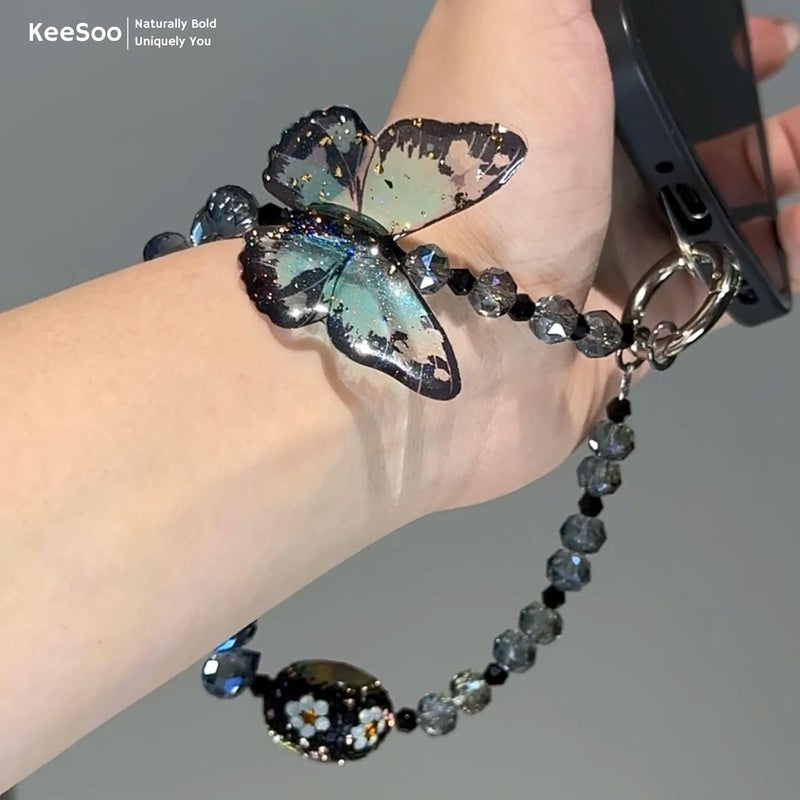 KEESOO Store سحر الفراشة الزرقاء تصميم أصلي لحلية الهاتف مع 2 علامة ربط - أنيقة، متينة، وسلسلة هاتف بدون استخدام اليدين - متوافقة مع آيفون، سامسونج، بيكسل والمزيد - Image 4